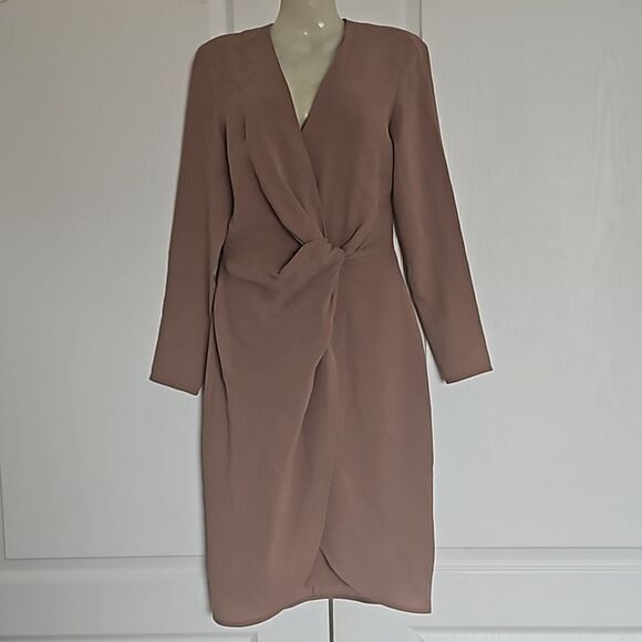 Babaton Long Sleeves Wrap Twisted Midi Dress XXS Brown - Picture 2 of 16